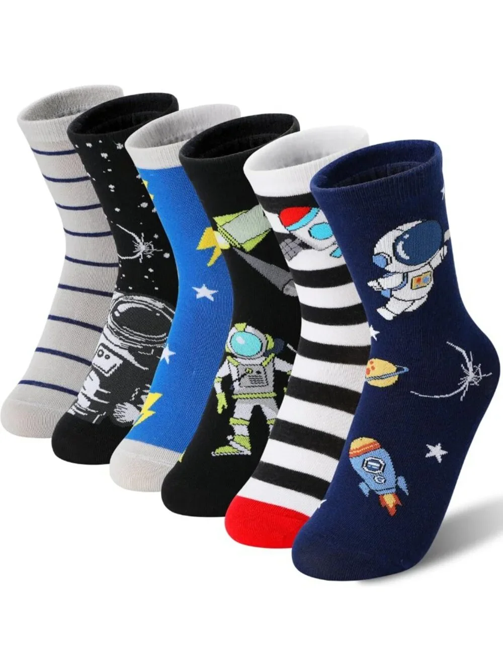 6 Pairs Kids Fun Cotton Crew Socks - Cartoon Space Trucks & Stars Novelty Design